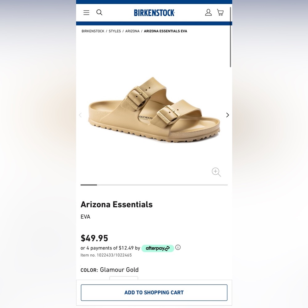 Birkenstock EVA 
Arizona Essentials 
Size: 8-8.5 US 39 EU
GLAMOUR GOLD.